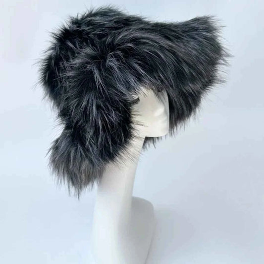 Luxury Fluffy Women Faux Fur Bucket Hats Oversized 17cm Wide Brim Thicken Outdoor Warm Plush Punk Hat Girl Y2k Female Ski Panama
