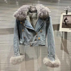 Winter Women Denim Coat Jacket Fox Collar Short  Warm High Street Outerwear Thicken Coat High Quality Luxury Design Party Wear