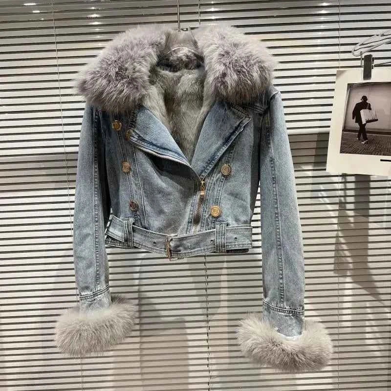 Winter Women Denim Coat Jacket Fox Collar Short  Warm High Street Outerwear Thicken Coat High Quality Luxury Design Party Wear