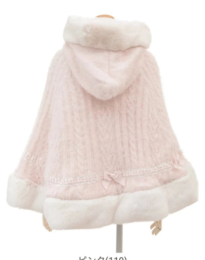 Godivana Lolita Style Faux Rabbit Fur Cape Coat with Bow & Rhinestones - White