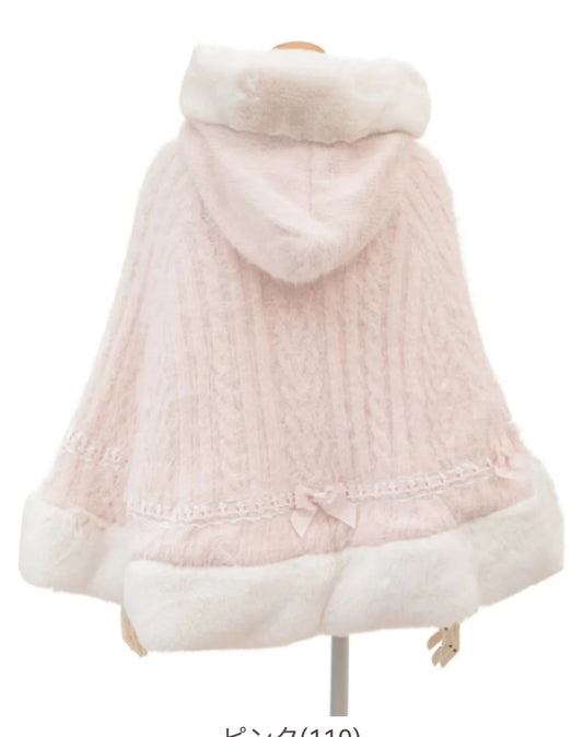 Godivana Lolita Faux Rabbit Fur Cape Coat with Rhinestone Bow and Hood
