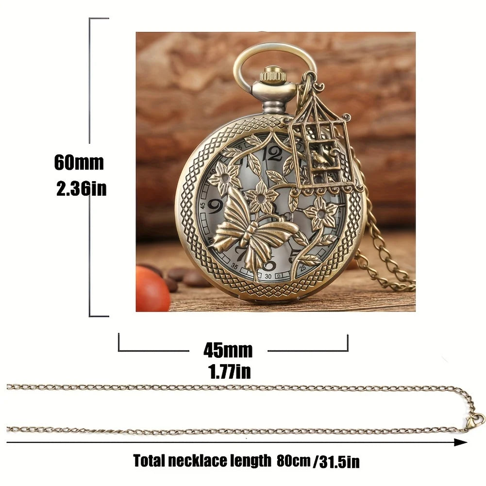 1pc Vintage Bronze Butterfly Flower Chain Pendant Pocket Watch SS69