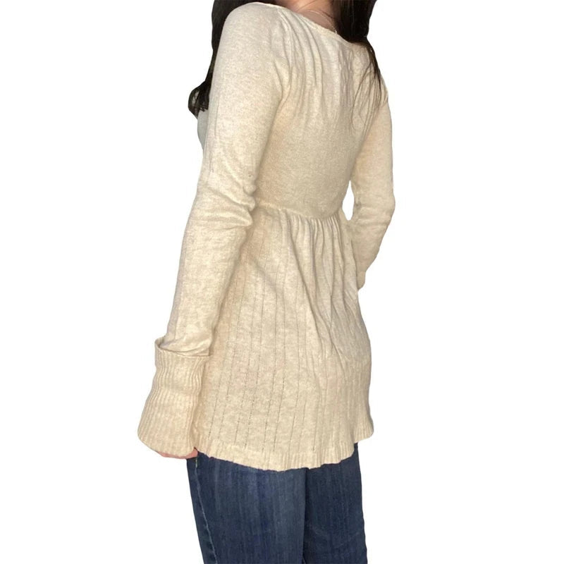 2000s Vintage Long Sleeve Babydoll Knitted Sweater Tops Cottage Milkmaid Pullovers Aesthetic Grunge Y2k Knitwear T-shirts Women SS69