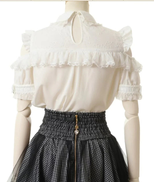 Japanese Liz Mine Women's Shirt Summer Off Shoulder Big Bow Short Sleeve Top Cute Girl BlousesHigh Waist Skirt 2 Piece Skirt Set SS69