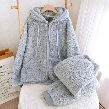 Thick Fluffy New Couple's Pajama Hooded Zipper Sleeping Sleepwear Winter Underwear Set Nightie Warm  Pyjamas Women Loungewear