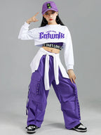 Girls K-Pop Street Dance Outfit: Purple Crop Top & Cargo Pants