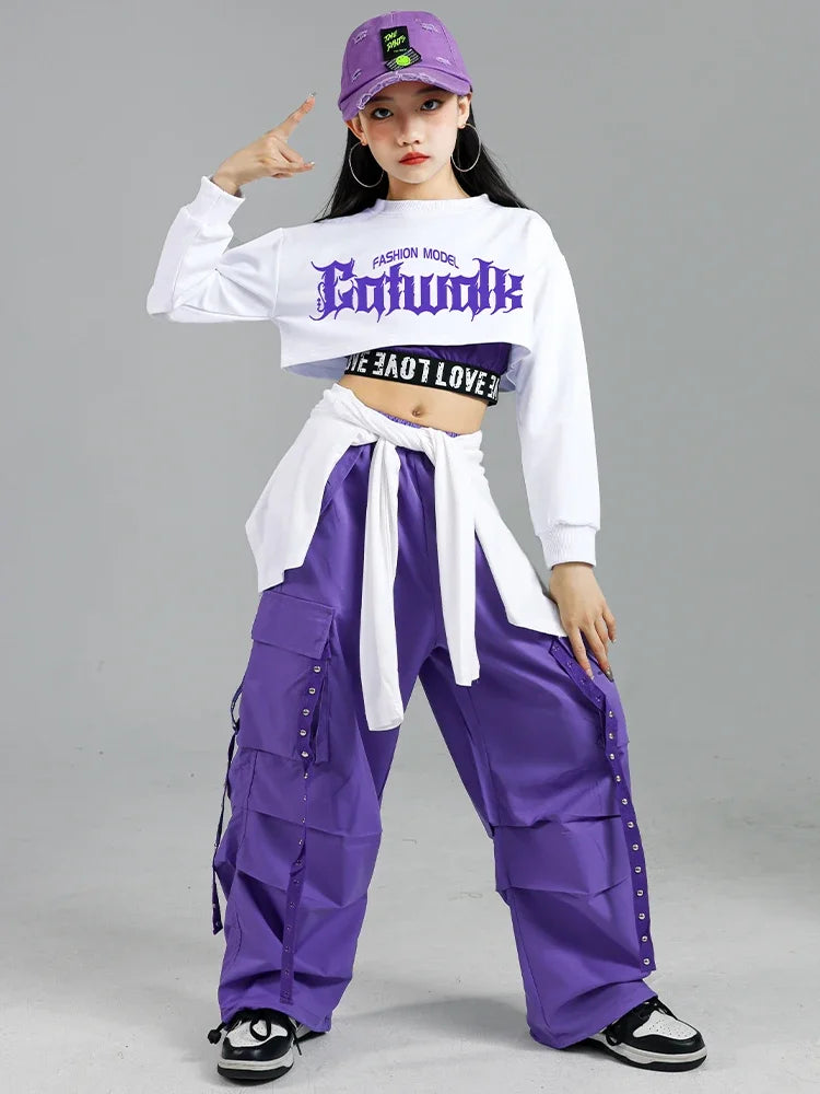 Girls K-Pop Street Dance Outfit: Purple Crop Top & Cargo Pants