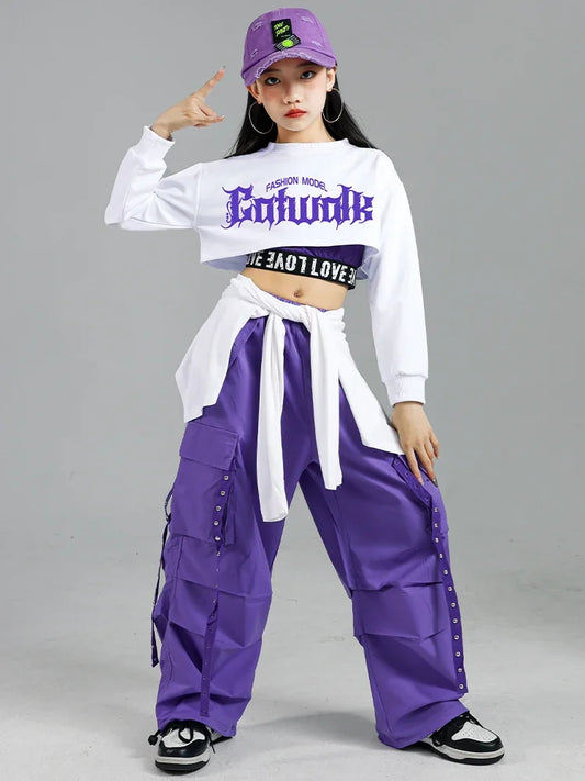 Children Street Dance Outfits Kids Streetwear Group Jazz Clothes Sets Hip Hop Girls Fashion K-pop Crop Top Purple Cargo Pants