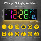 16" Large Digital Wall Clock, Big LED Display with Remote, 8 RGB Color, Alarm, DST, Temperature for Living Room, Kitchen