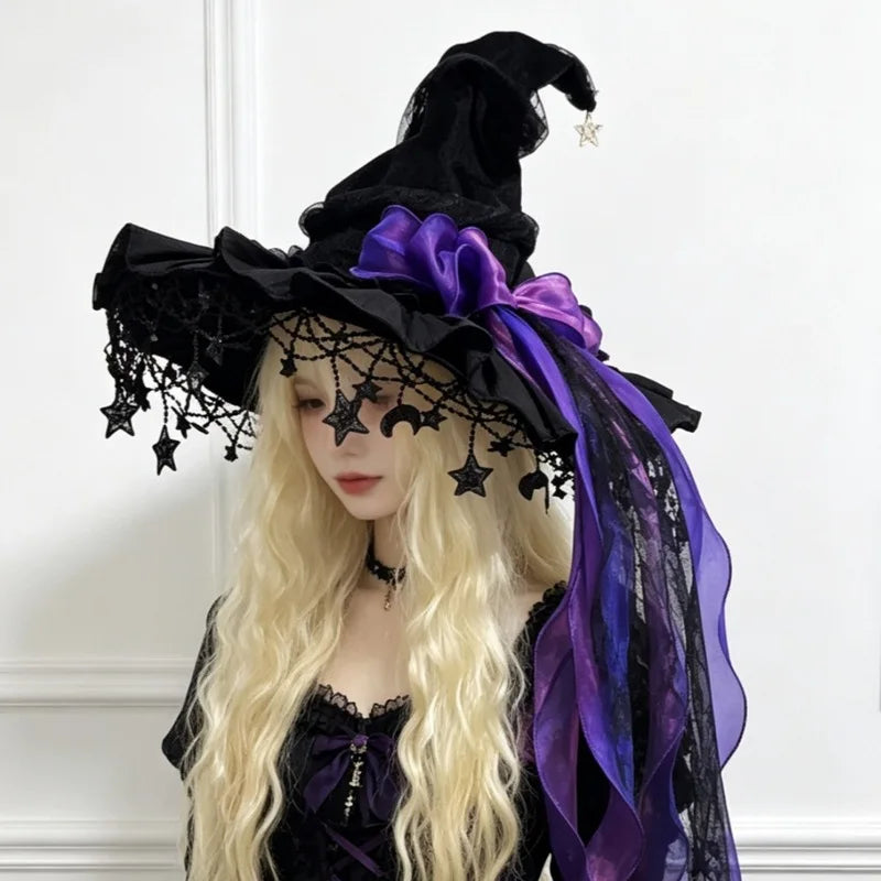 Fashion Halloween Witch Hat Gothic Dark Wizard Cap Lolita Cosplay Accessories Costume Headwear Party Photo Prop Festival Gift