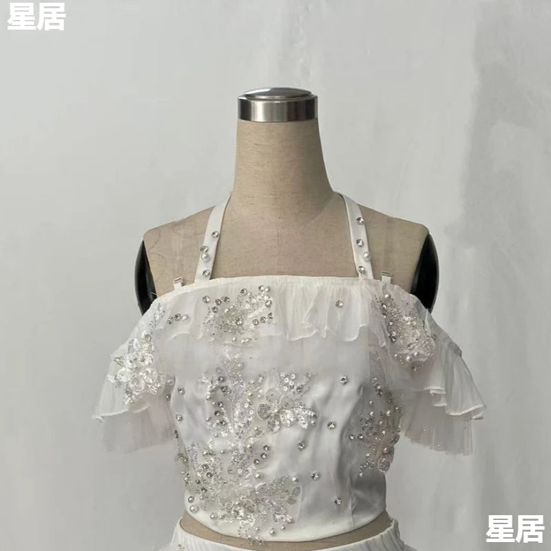 Women's Rhinestone Sling Top & Ruffled Skirt Jazz Dance Costume