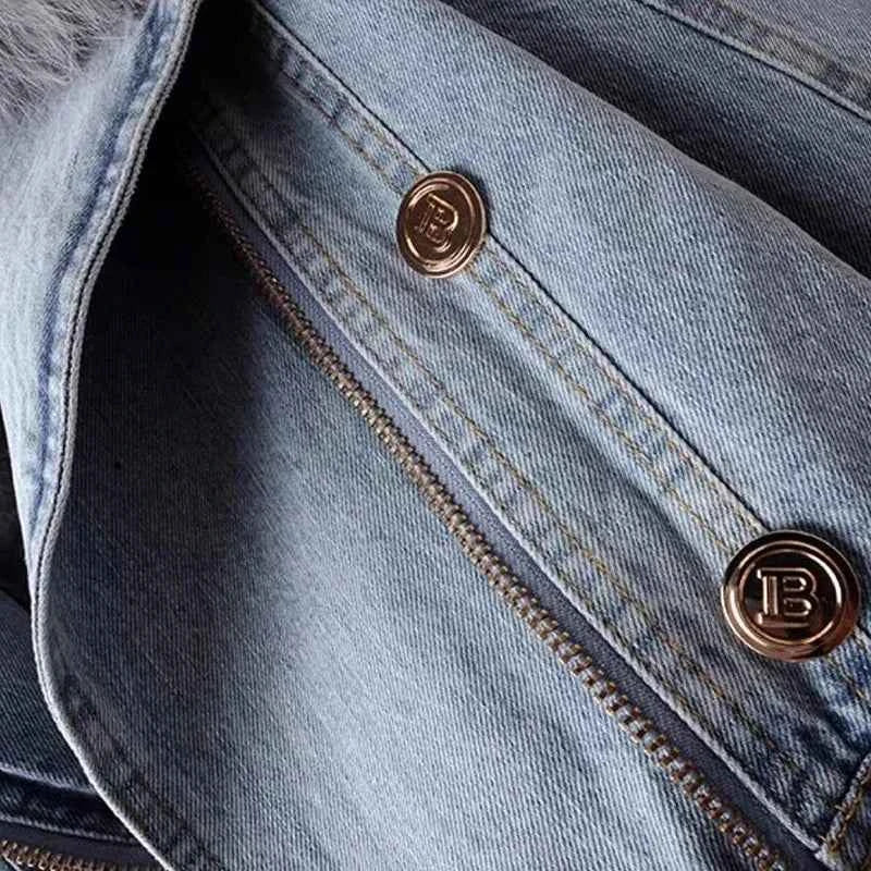 Women Faux Fox Fur Collar Jean Coat Winter Denim Jacket Female Short Warm Parkas Rabbit Hair Lining Outwear Fashion Overcoat