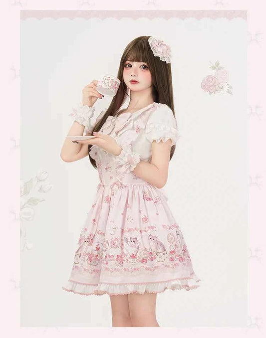 Original New Spring Summer Cute Print Short-sleeved Lolita OP Dress Japanese Sweet Girl Mass-produced Kawaii Bow Short Dresses