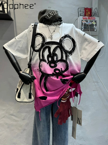 Fashion Heavy Industry Smudge Sequins Cartoon T-shirt Women's Spring and Summer 2025 New Ripped Loose Cotton Short-sleeved Top SS69