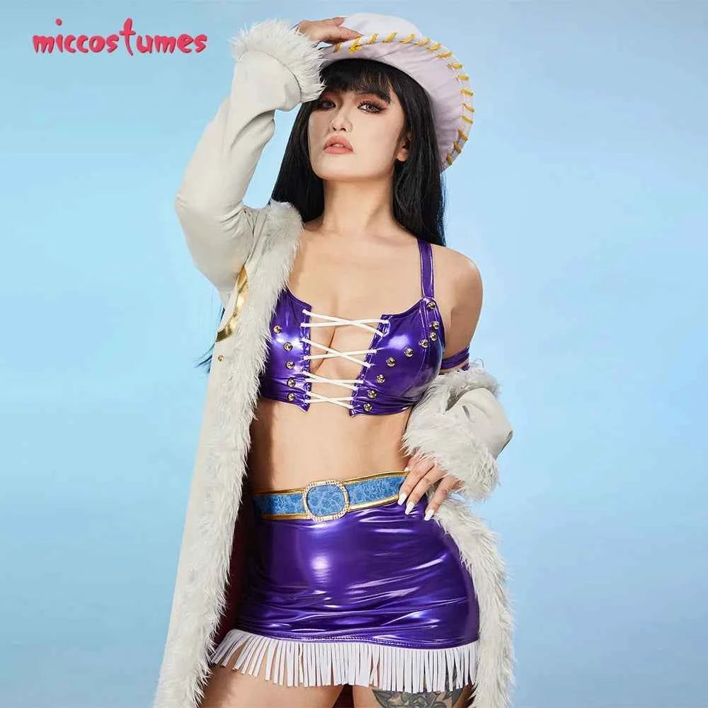 Miccostumes Women's Anime Cosplay Costume Bra and Miniskirt with Long Coat and Hat Halloween Cosplay Costumes