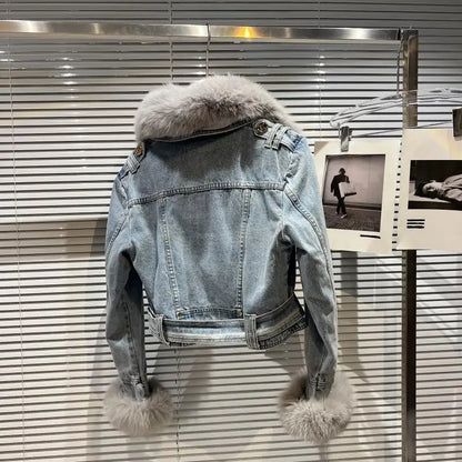 Winter Women Denim Coat Jacket Fox Collar Short  Warm High Street Outerwear Thicken Coat High Quality Luxury Design Party Wear