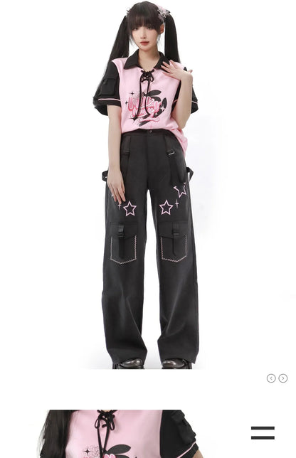 Black Pink Y2K Clothing Set Hot Girls Strapless Strap Short Sleeve T-shirt Slimming Jeans Long Pants Female 4 Piece Set Outfits SS69