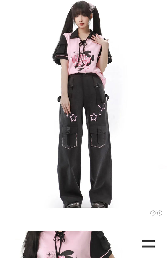 Black Pink Y2K Clothing Set Hot Girls Strapless Strap Short Sleeve T-shirt Slimming Jeans Long Pants Female 4 Piece Set Outfits SS69