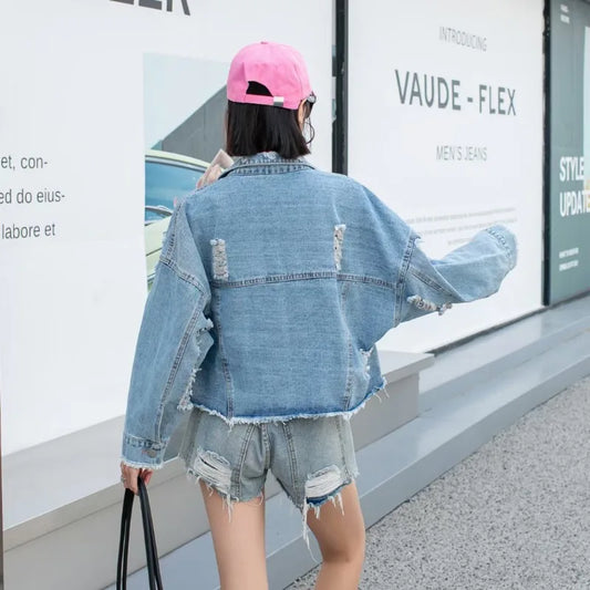 Fashion Brand Jeans Coat Women's Spring Autumn New Heavy Industry Cartoon Sequins Chaqueta High Street Loose-Fitting Denim Coats - SS69