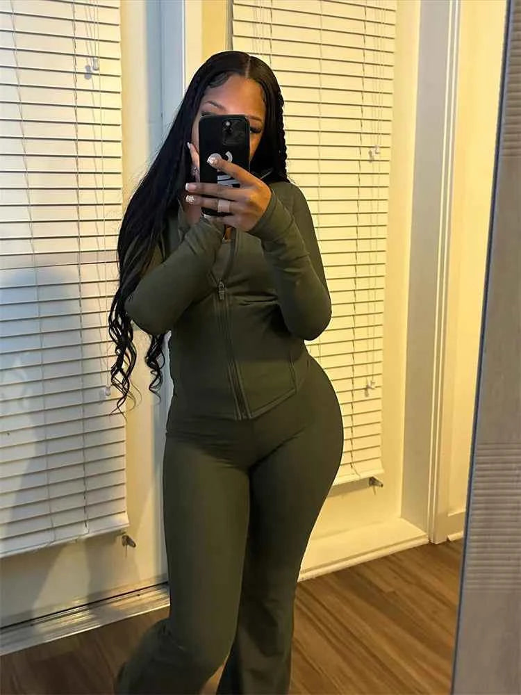 Elegant Sports Women Clothing Sales Long Sleeve Tops Flare Pants 2 Two Pieces Sets Tracksuit Streetwear Jogging Leggings Outfits