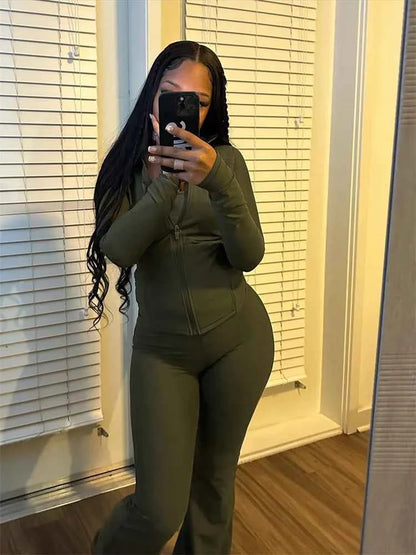 Elegant Sports Women Clothing Sales Long Sleeve Tops Flare Pants 2 Two Pieces Sets Tracksuit Streetwear Jogging Leggings Outfits