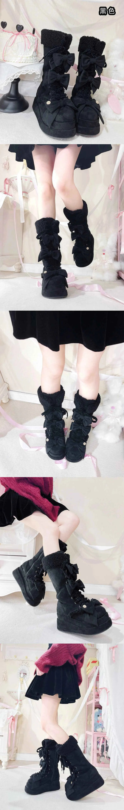 Lolita Winter Calf Boots Original Cute Bow Women's Warm Snow Boots Plush Warm Girl Female Suede Long Fur Boots
