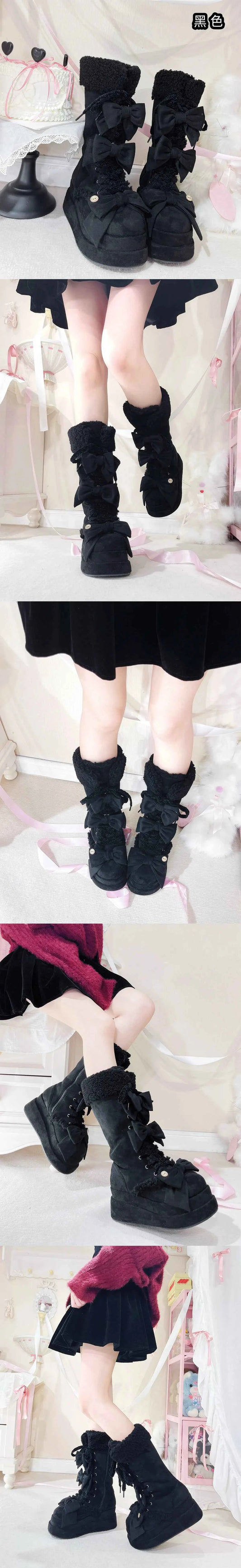 Lolita Winter Calf Boots Original Cute Bow Women's Warm Snow Boots Plush Warm Girl Female Suede Long Fur Boots