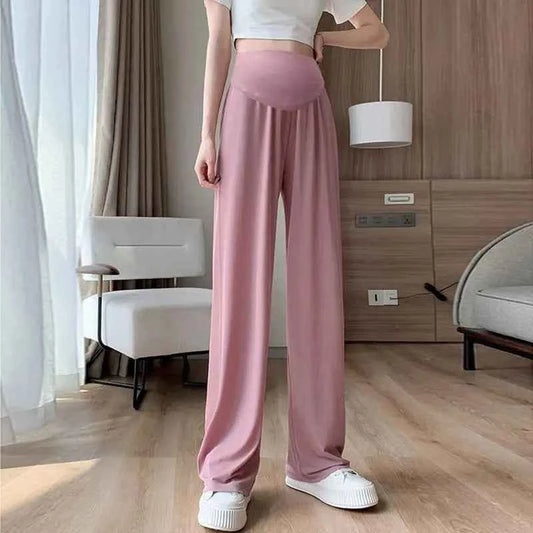 Summer Women's Maternity with Pockets Large Size Maternity Trousers Outside Wearing Thin Section of Ice Silk Draped Wide-Legged