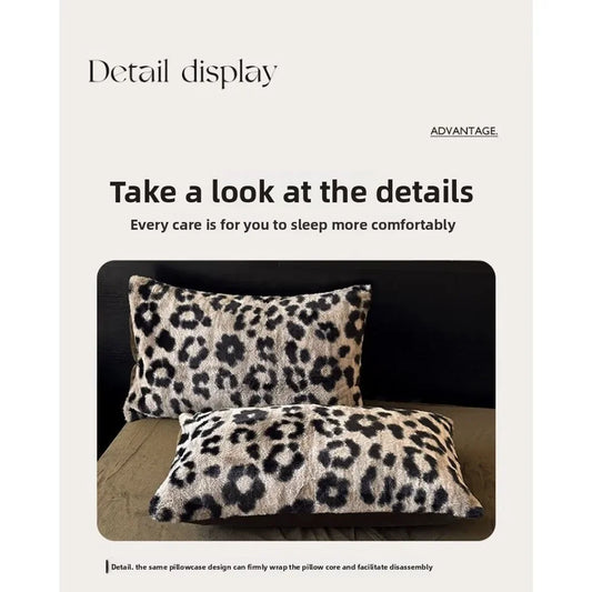 Four-piece Set Thickened Thermal Fleece Flange Coral Fleece Class A Leopard Print Rabbit Plush Quilt Cover Pillowcase Bed Sheet
