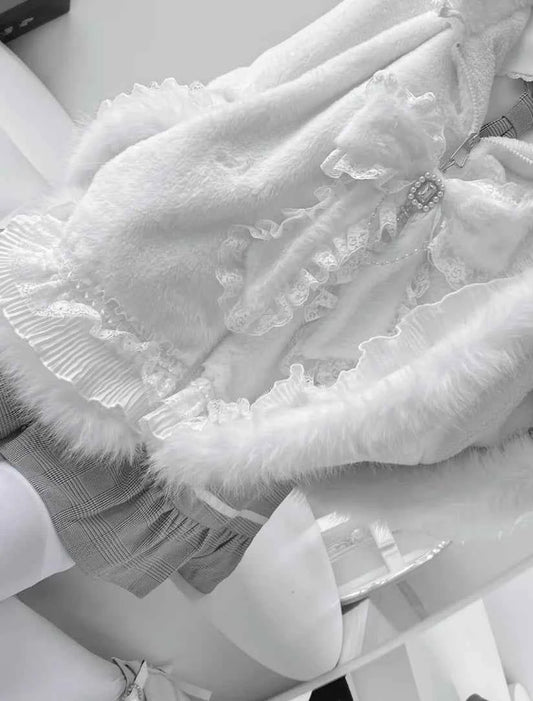 Japanese Mine Lace Splicing Cute Bow Lolita Shawl Jacket Autumn and Winter New Sweet Girl Loose Warm Plush Cape Coat Women
