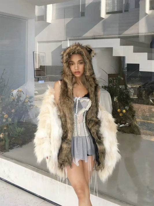 Japanese Kawaii Cute Fur Scarf Hat Winter Keep Warm Y2k Aesthetic Fashion Vintage Cap Bears Ears Women Hats Grunge Streetwear SS69