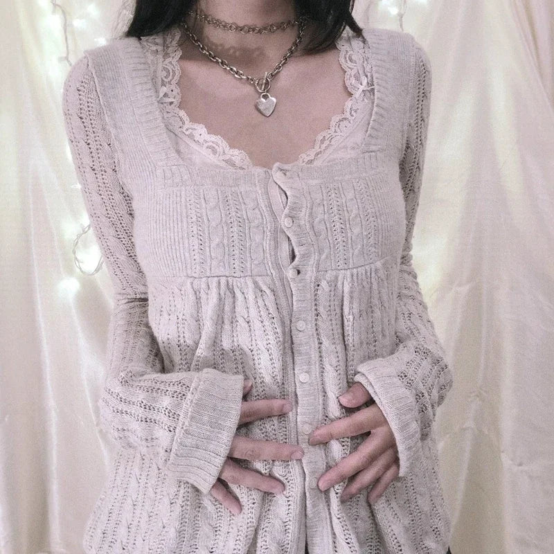 2000s Vintage Long Sleeve Babydoll Knitted Sweater Tops Cottage Milkmaid Pullovers Aesthetic Grunge Y2k Knitwear T-shirts Women SS69 33.69 Type 3 / L