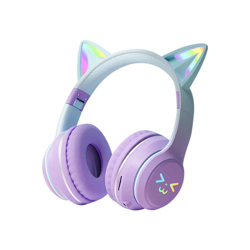 Gradient wireless Headphones RGB cute cat ear Bluetooth Earphones with microphone Stereo Music Game Earphone Girls Kids Gifts SS69 24.69 PURPLE