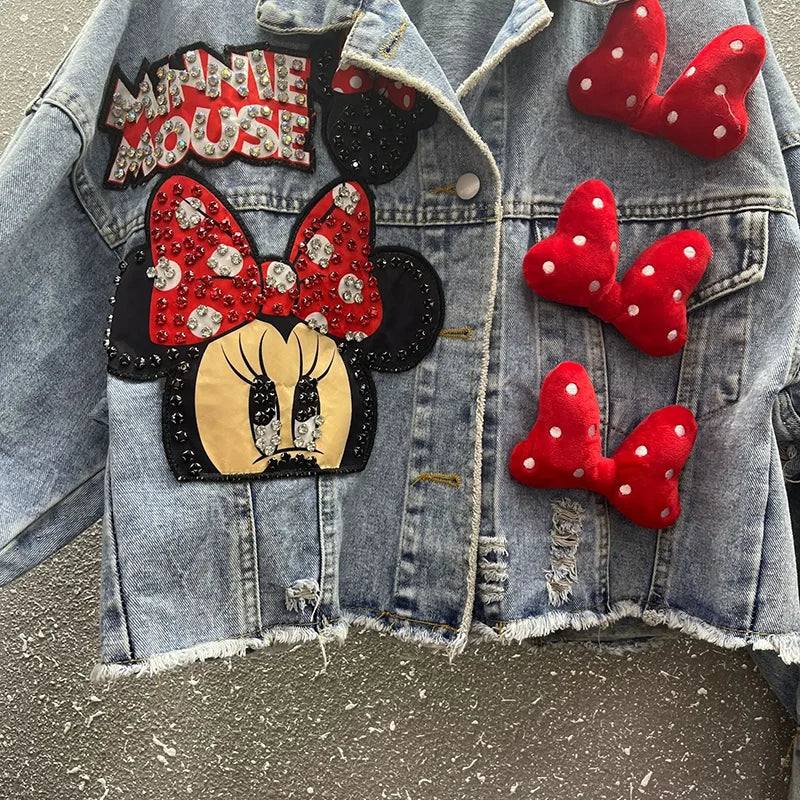 2024 New Women Coat Cartoon Sticker Embroidered Sequin Short Denim Jacket Loose Bowknot Top SS69