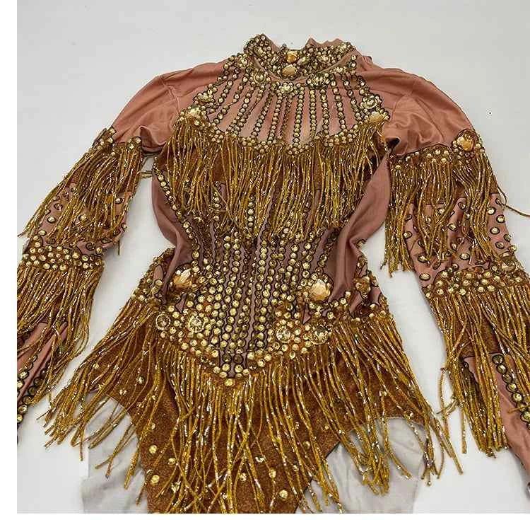 Custom rhinestones bodysuit tassels women Celebrate stage Team pole dance club party fashion leotard clothing