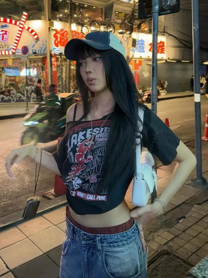 Off Shoulder Retro Y2k Tops Letter Print Short Sleeve T-Shirt Harajuku Slimming Women Top 2025 Summer New Women's Clothing SS69