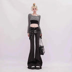 Vintage Slim Micro-flare Jeans Women Ins Fashionable Splicing Belt Edge Y2K Pants High Waist Straight American Street Trousers