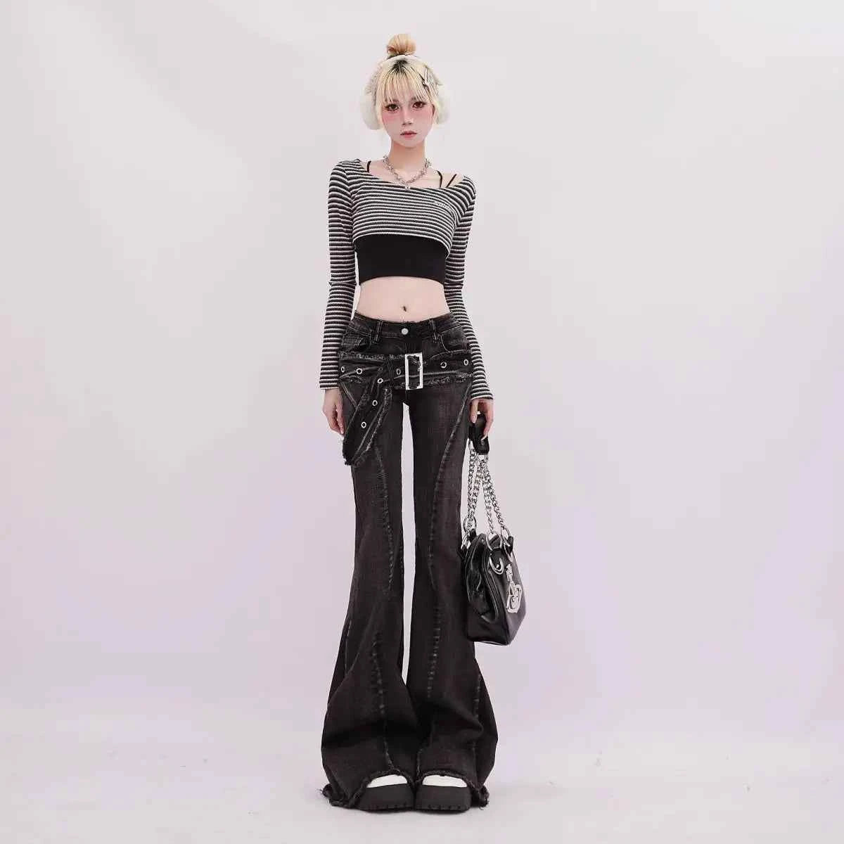 Vintage Slim Micro-flare Jeans Women Ins Fashionable Splicing Belt Edge Y2K Pants High Waist Straight American Street Trousers