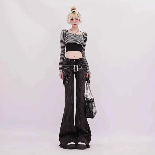 Vintage Slim Micro-flare Jeans Women Ins Fashionable Splicing Belt Edge Y2K Pants High Waist Straight American Street Trousers