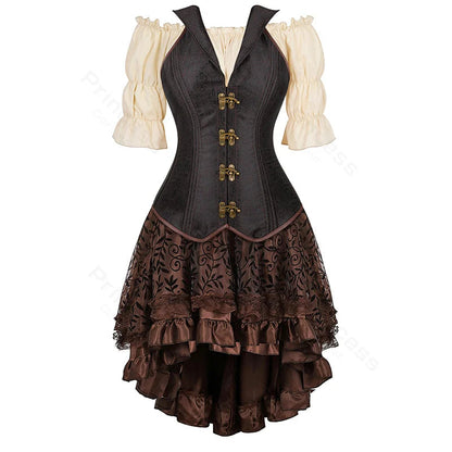 Brown Pirate Dress Plus Size Faxu Leather Steampunk Corset Dress with Shoulder Off Blouse Cosplay Pirate Costume for Women SS69