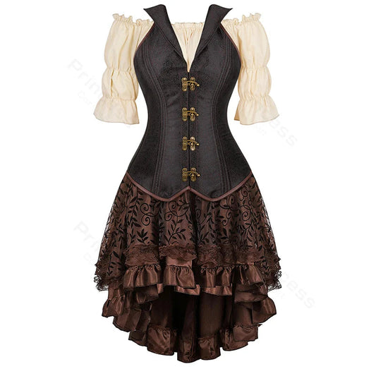 Brown Pirate Dress Plus Size Faxu Leather Steampunk Corset Dress with Shoulder Off Blouse Cosplay Pirate Costume for Women SS69