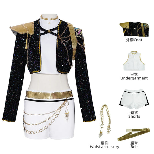 Kids Rumi Zoey Mira Cosplay KPop Demon Hunters Costume Women Girls Black Golden Suit Saja Boys Halloween Role Playing Outfits