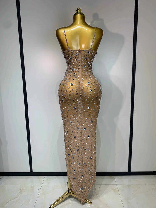 Luxury Rhinestones Sexy Mesh See Through Bodycon Dress Women Birthday Evening Cocktail party Gown Red Carpet Club Stage Outfit
