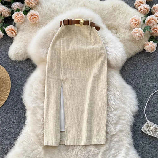 SINGREINY Women Korean Split Sexy Long Skirt 2024 Winter Corduroy Slim Thick Streetwear Fashion Vintage Autumn Bodycon Skirt
