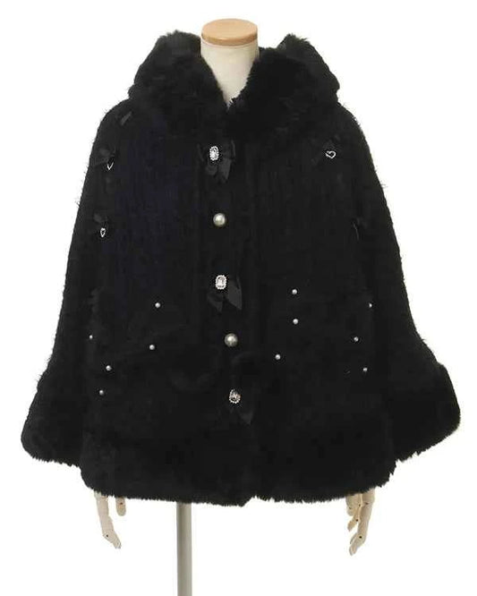 Liz Japanese Sweet Princess Faux Rabbit Fur Cape Coat Autumn Winter Girl Women Fur Jacket Clock Rhinestone Bow Hooded Coat