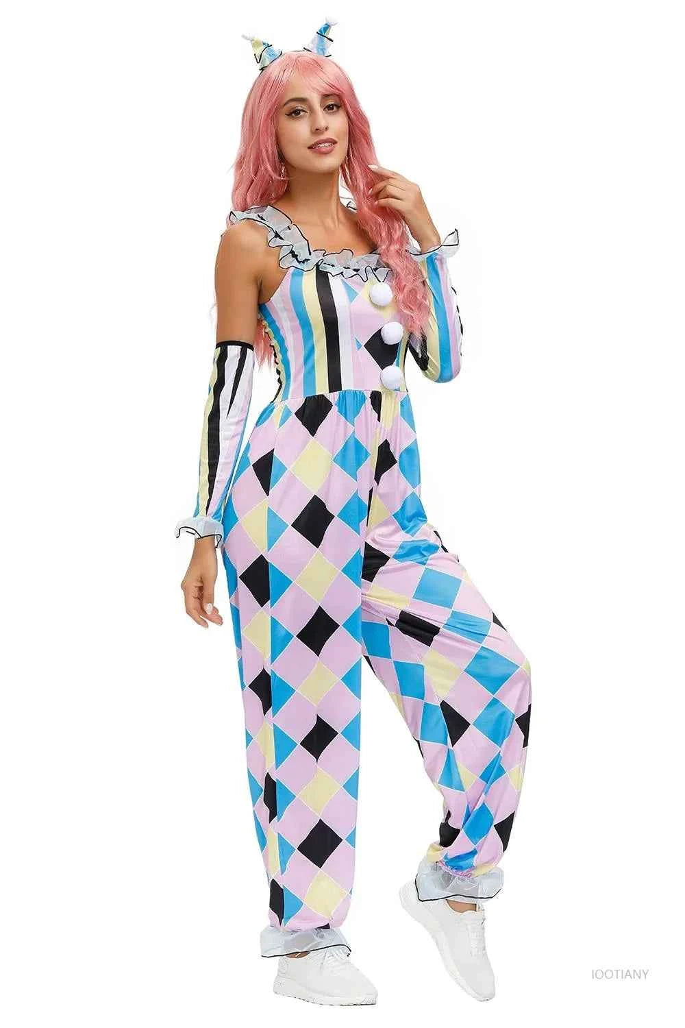 Women's Circus Clown Costume Naughty Clown Uniform Suitable For Halloween Adult Role Play Ice Silk Jumpsuit Magician Dress Up