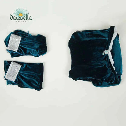 DAIZBELLA Women's Medieval Renaissance Costume Elf Style Off Shoulder Green Velvet Long Slim-fit Dress with Chiffon Sleeves