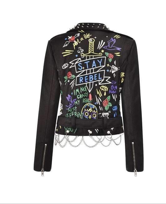 Fashion chain beading leather jacket Locomotive graffiti cartoon pu Leather Jacket female Punk Motorcyle Jacket with belt F2161 SS69
