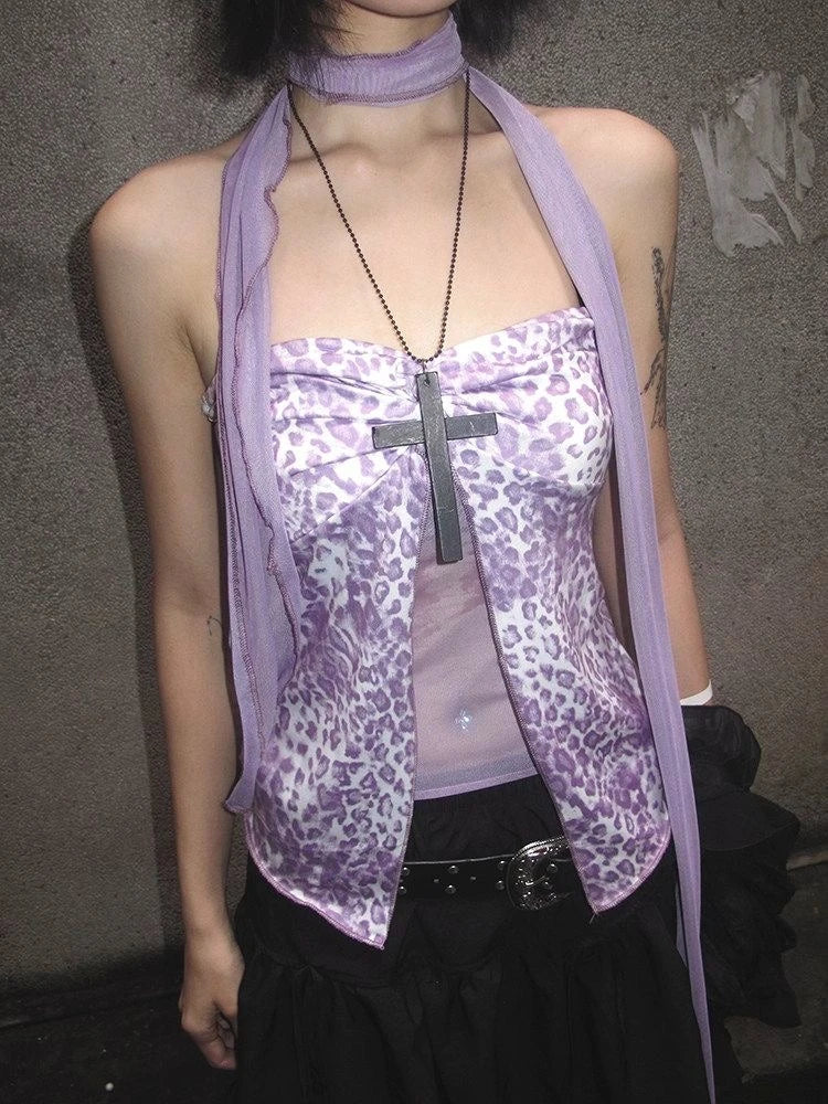 2000s American Vintage Sexy Leopard Camis Y2k Harajuku Slim Lace Patchwork Tanks Summer Streetwear Beach Party Sleeveless Tops