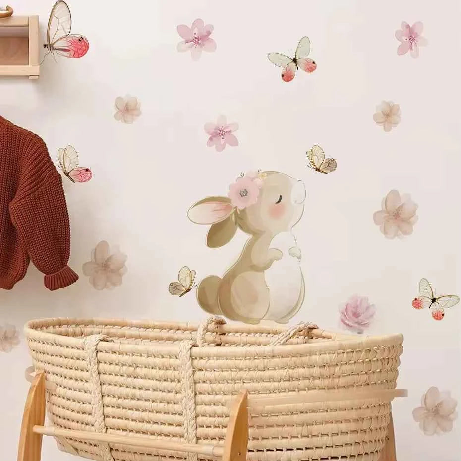 Boho Cartoon Rabbit Butterfly Flowers Wall Sticker Nursery Kids Room Home Decoration Mural Living Room Bedroom Bunny Stickers